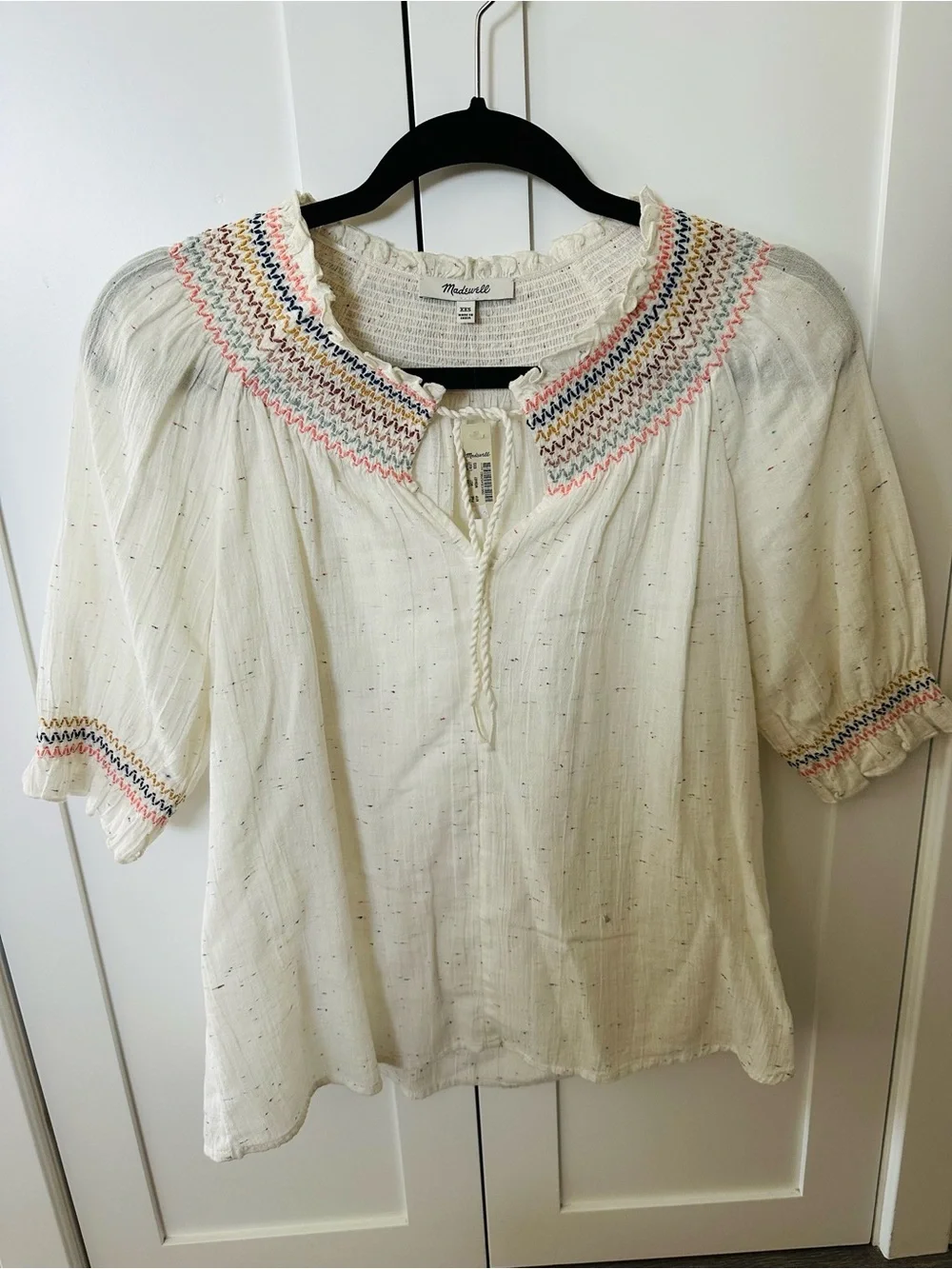 NWT Madewell White Speckled Peasant Blouse with Multicolor Embroidered Trim